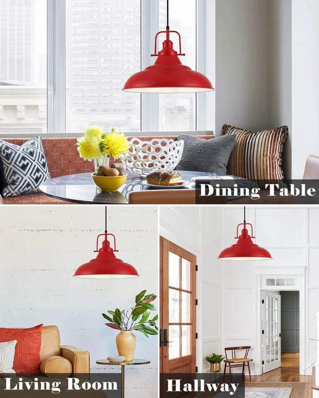 Alt view image 6 of 7 - Red Pendant Light, 16 Inch Large Industrial Pendant Lights, Matte Red Pendant Lights Kitchen Island, Vintage Farmhouse Pendant Light for Kitchen Island, Dining Room, Hallway (1 Pack)