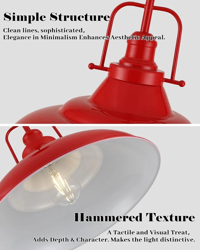 Alt view image 4 of 7 - Red Pendant Light, 16 Inch Large Industrial Pendant Lights, Matte Red Pendant Lights Kitchen Island, Vintage Farmhouse Pendant Light for Kitchen Island, Dining Room, Hallway (1 Pack)