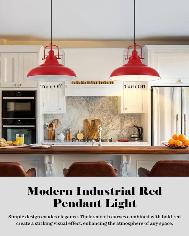 Alt view image 5 of 7 - Red Pendant Light, 16 Inch Large Industrial Pendant Lights, Matte Red Pendant Lights Kitchen Island, Vintage Farmhouse Pendant Light for Kitchen Island, Dining Room, Hallway (1 Pack)
