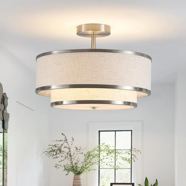 Main image of Semi Flush Mount Ceiling Light, 3-Light Double Drum Ceiling Light Fixture with Fabric Shade, Farmhouse Chandelier Dining Room Light Fixture for Bedroom, Kitchen, Hallway (Brushed Nickel)