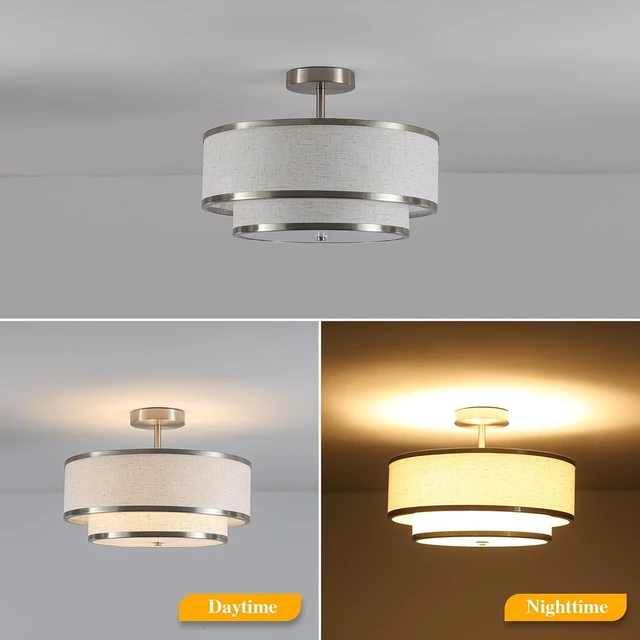 Alt view image 3 of 7 - Semi Flush Mount Ceiling Light, 3-Light Double Drum Ceiling Light Fixture with Fabric Shade, Farmhouse Chandelier Dining Room Light Fixture for Bedroom, Kitchen, Hallway (Brushed Nickel)