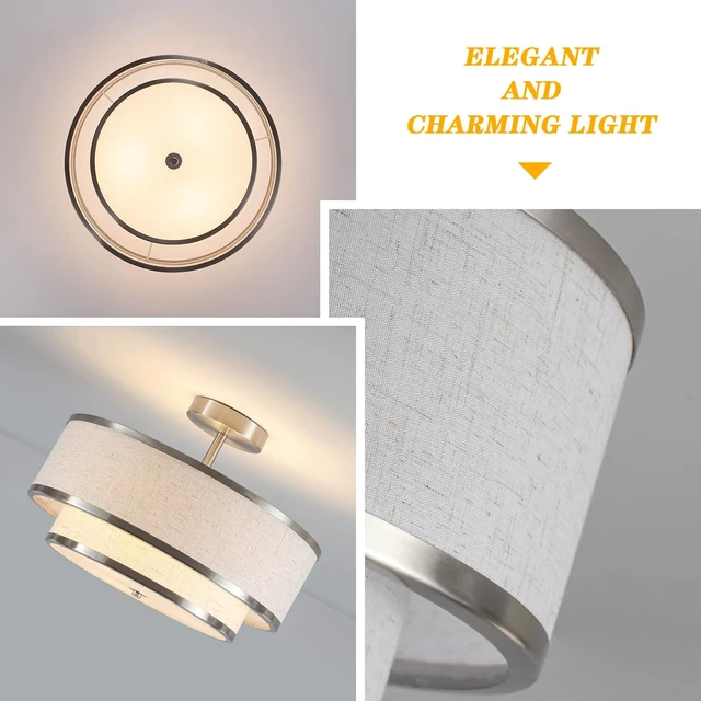Alt view image 4 of 7 - Semi Flush Mount Ceiling Light, 3-Light Double Drum Ceiling Light Fixture with Fabric Shade, Farmhouse Chandelier Dining Room Light Fixture for Bedroom, Kitchen, Hallway (Brushed Nickel)
