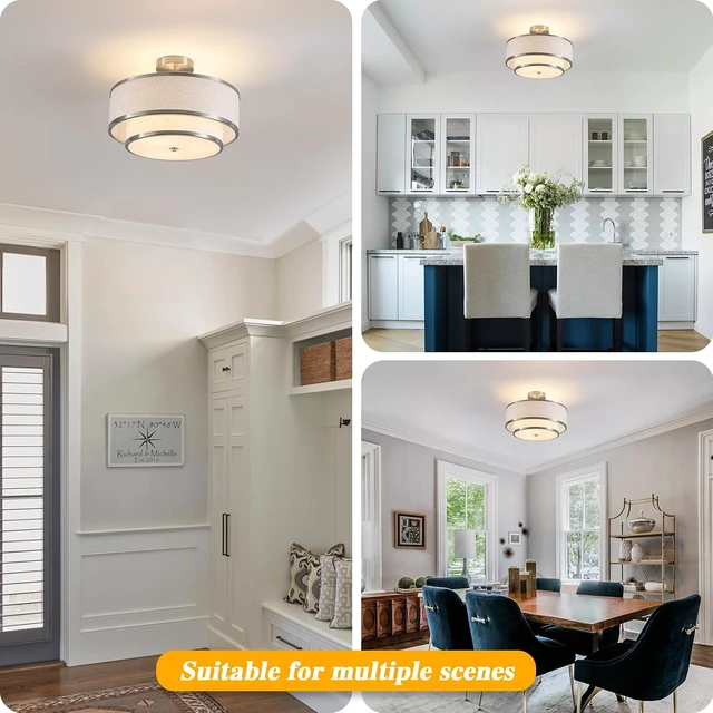 Alt view image 5 of 7 - Semi Flush Mount Ceiling Light, 3-Light Double Drum Ceiling Light Fixture with Fabric Shade, Farmhouse Chandelier Dining Room Light Fixture for Bedroom, Kitchen, Hallway (Brushed Nickel)