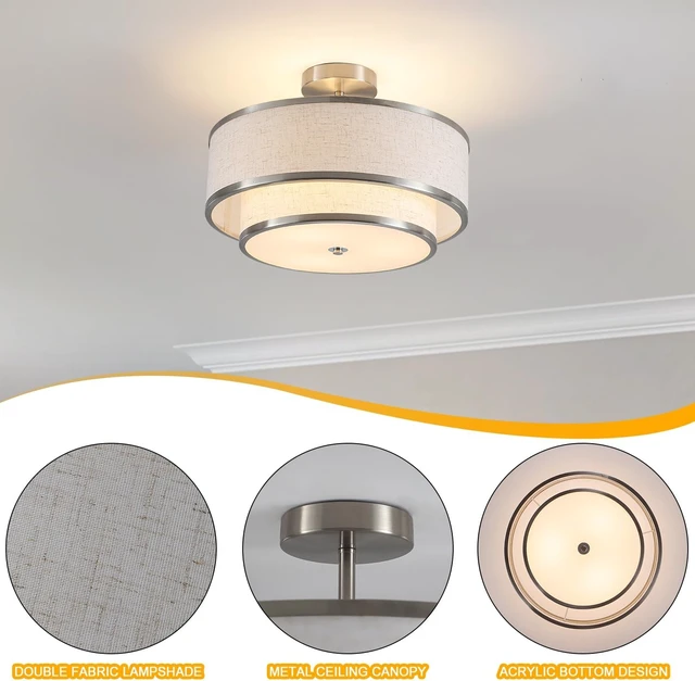 Alt view image 2 of 7 - Semi Flush Mount Ceiling Light, 3-Light Double Drum Ceiling Light Fixture with Fabric Shade, Farmhouse Chandelier Dining Room Light Fixture for Bedroom, Kitchen, Hallway (Brushed Nickel)