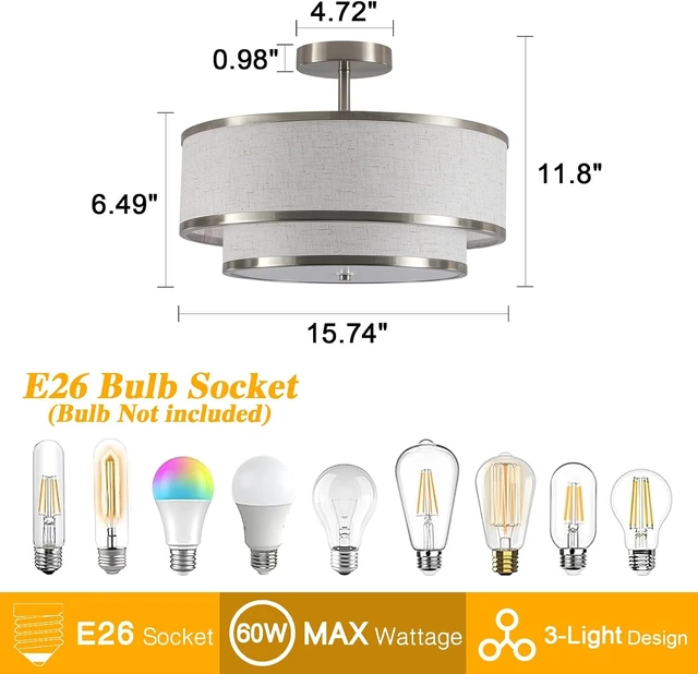Alt view image 6 of 7 - Semi Flush Mount Ceiling Light, 3-Light Double Drum Ceiling Light Fixture with Fabric Shade, Farmhouse Chandelier Dining Room Light Fixture for Bedroom, Kitchen, Hallway (Brushed Nickel)
