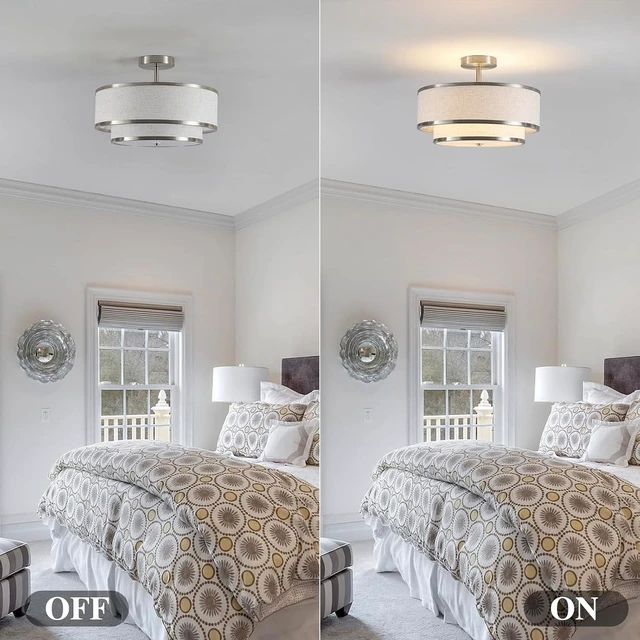 Alt view image 7 of 7 - Semi Flush Mount Ceiling Light, 3-Light Double Drum Ceiling Light Fixture with Fabric Shade, Farmhouse Chandelier Dining Room Light Fixture for Bedroom, Kitchen, Hallway (Brushed Nickel)