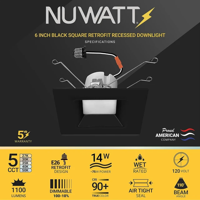 Alt view image 2 of 7 - NUWATT 6 Inch Retrofit Square Black Recessed Lights, CCT 2700-5000K, 4 Pack