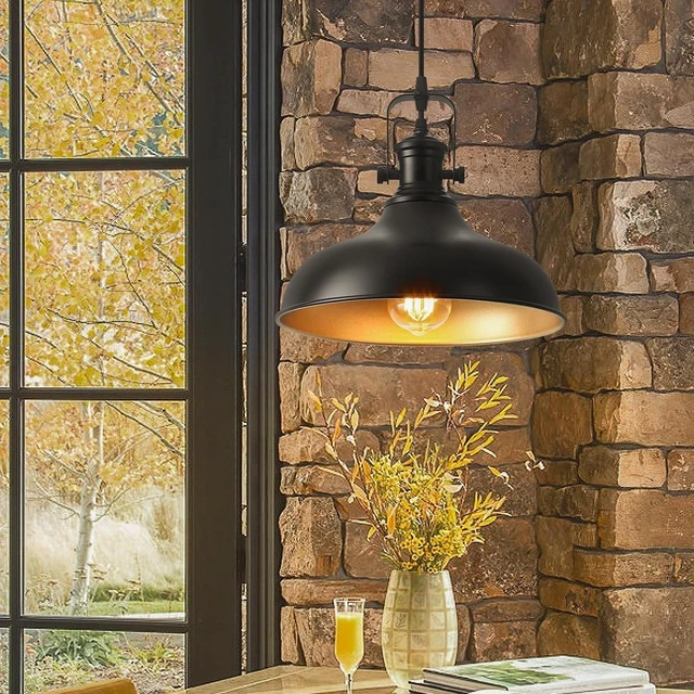 Alt view image 2 of 7 - Farmhouse Pendant Lights, 11.4" Black Pendant Lighting for Kitchen Island, 2 Pack Kitchen Island Lighting, Industrial Vintage Hanging Light Fixtures for Barn, Dining Room