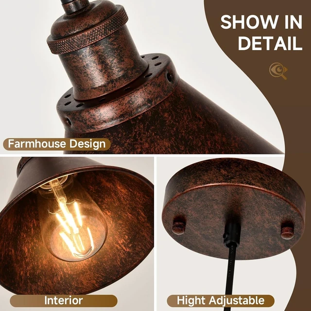 Alt view image 3 of 7 - TAKEGO Farmhouse Pendant Light, Rustic Copper Pendant Light Kitchen Island, Vintage Pendant Light Fixtures, Hanging Ceiling Lamp for Kitchen Island, Hallway, Dining Room