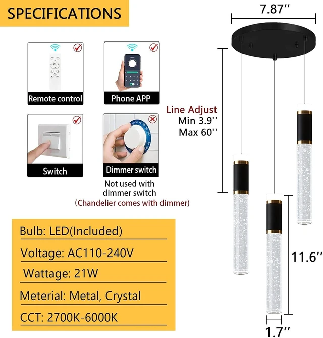 Alt view image 2 of 7 - Mini Chandelier for Kitchen Island Modern Crystal Pendant Lighting LED Dining Room Hanging Lights Cylinder Drop Lights Ceiling Lighting Fixture Kitchen Sink Bedroom Bathroom 2700K 6000K