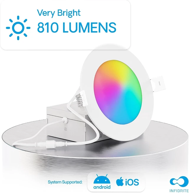 Alt view image 2 of 7 - 4 Inch Ultra-Thin Recessed LED Downlight, 9W 750LM, WiFi Smart RGBCW, White Trim, Wet Rated, Triac Dimmable, ETL, FCC, Energy Star, (6 Pack)