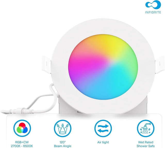 Alt view image 4 of 7 - 4 Inch Ultra-Thin Recessed LED Downlight, 9W 750LM, WiFi Smart RGBCW, White Trim, Wet Rated, Triac Dimmable, ETL, FCC, Energy Star, (6 Pack)
