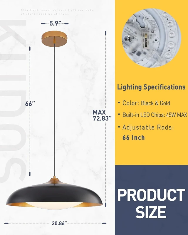 Alt view image 2 of 7 - kudos 21 Inch Black and Gold LED Pendant Light, KDPL02-BK-L