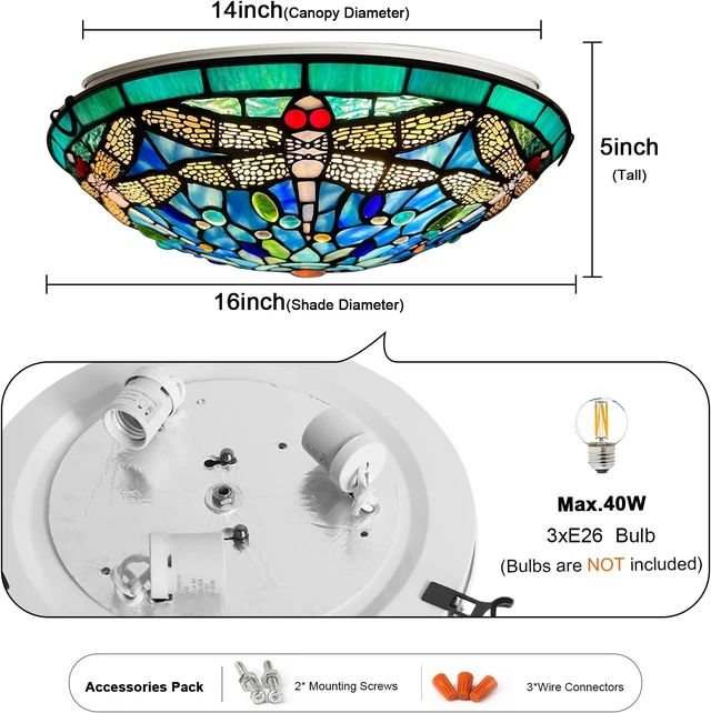 Alt view image 6 of 6 - ARTZONE Tiffany Ceiling Lights, Stained Glass Ceiling Light 3-Lights 16 Inch Tiffany Flush Mount Ceiling Light for Bedroom Dining Living Room Entryway Foyer