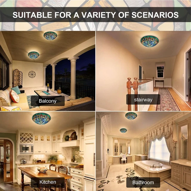 Alt view image 5 of 6 - ARTZONE Tiffany Ceiling Lights, Stained Glass Ceiling Light 3-Lights 16 Inch Tiffany Flush Mount Ceiling Light for Bedroom Dining Living Room Entryway Foyer