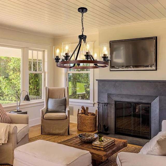 Alt view image 2 of 7 - Lanhall 8-Light Farmhose Chandelier for Dining Room Light Fixture Faux Wood Kitchen Pendant Light Round Rustic Ceiling Hanging Lighting with Glass Globes Adjustable Height Metal E26