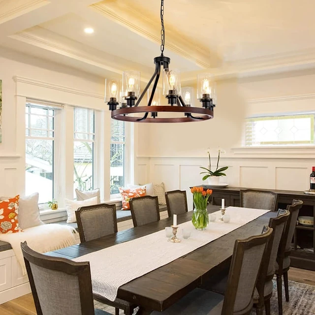 Alt view image 3 of 7 - Lanhall 8-Light Farmhose Chandelier for Dining Room Light Fixture Faux Wood Kitchen Pendant Light Round Rustic Ceiling Hanging Lighting with Glass Globes Adjustable Height Metal E26