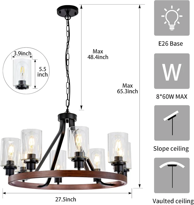 Alt view image 4 of 7 - Lanhall 8-Light Farmhose Chandelier for Dining Room Light Fixture Faux Wood Kitchen Pendant Light Round Rustic Ceiling Hanging Lighting with Glass Globes Adjustable Height Metal E26