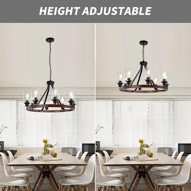 Alt view image 5 of 7 - Lanhall 8-Light Farmhose Chandelier for Dining Room Light Fixture Faux Wood Kitchen Pendant Light Round Rustic Ceiling Hanging Lighting with Glass Globes Adjustable Height Metal E26