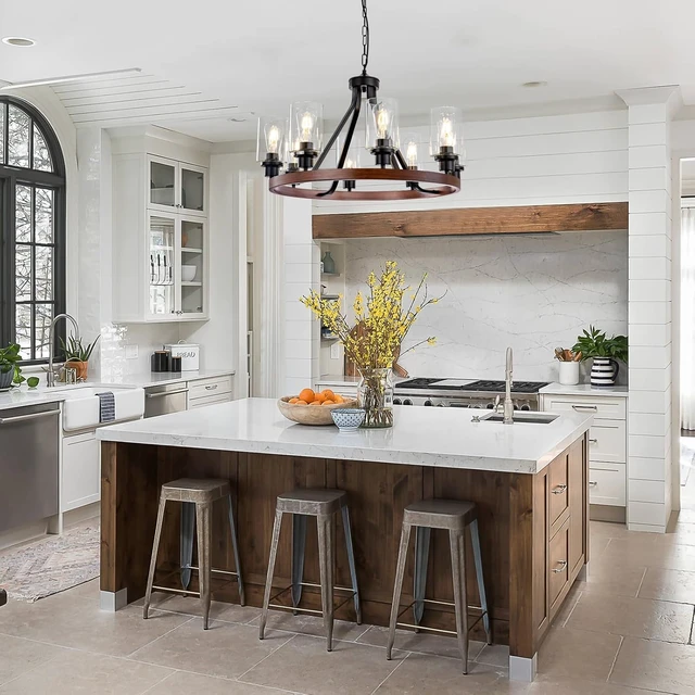 Alt view image 6 of 7 - Lanhall 8-Light Farmhose Chandelier for Dining Room Light Fixture Faux Wood Kitchen Pendant Light Round Rustic Ceiling Hanging Lighting with Glass Globes Adjustable Height Metal E26
