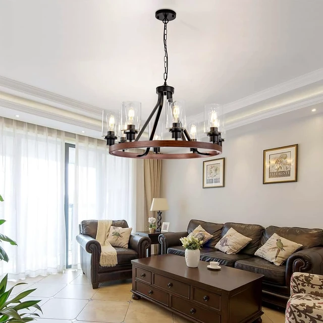 Alt view image 7 of 7 - Lanhall 8-Light Farmhose Chandelier for Dining Room Light Fixture Faux Wood Kitchen Pendant Light Round Rustic Ceiling Hanging Lighting with Glass Globes Adjustable Height Metal E26