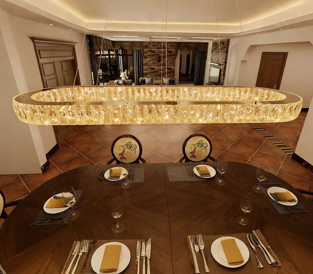 Alt view image 2 of 7 - Modern Oval Crystal Chandelier for Dining Room Dimmable LED Chandeliers Rectangular Pendant Light Fixture with Remote for Living Room Kitchen Island Gold