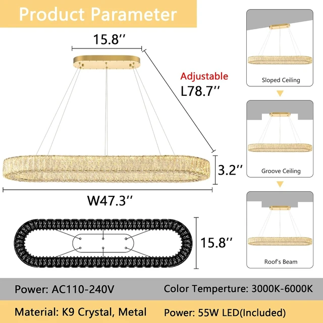 Alt view image 3 of 7 - Modern Oval Crystal Chandelier for Dining Room Dimmable LED Chandeliers Rectangular Pendant Light Fixture with Remote for Living Room Kitchen Island Gold