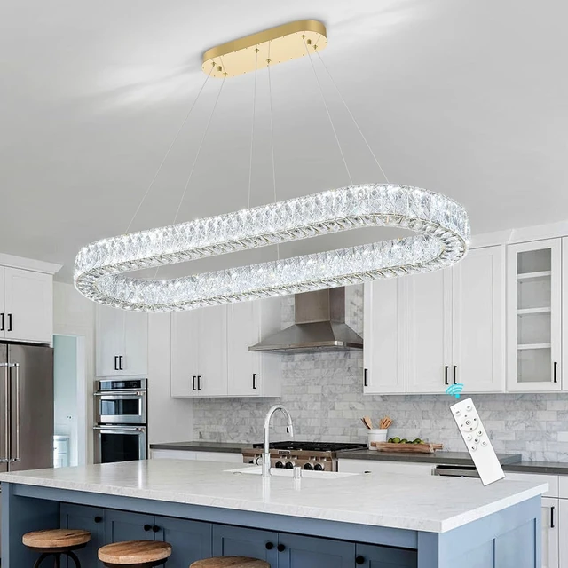Alt view image 4 of 7 - Modern Oval Crystal Chandelier for Dining Room Dimmable LED Chandeliers Rectangular Pendant Light Fixture with Remote for Living Room Kitchen Island Gold