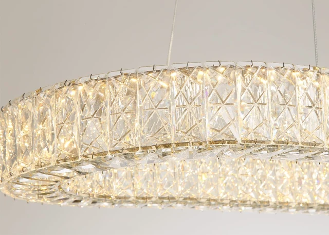 Alt view image 5 of 7 - Modern Oval Crystal Chandelier for Dining Room Dimmable LED Chandeliers Rectangular Pendant Light Fixture with Remote for Living Room Kitchen Island Gold