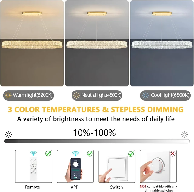 Alt view image 6 of 7 - Modern Oval Crystal Chandelier for Dining Room Dimmable LED Chandeliers Rectangular Pendant Light Fixture with Remote for Living Room Kitchen Island Gold