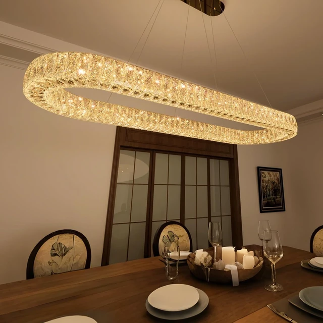 Alt view image 7 of 7 - Modern Oval Crystal Chandelier for Dining Room Dimmable LED Chandeliers Rectangular Pendant Light Fixture with Remote for Living Room Kitchen Island Gold