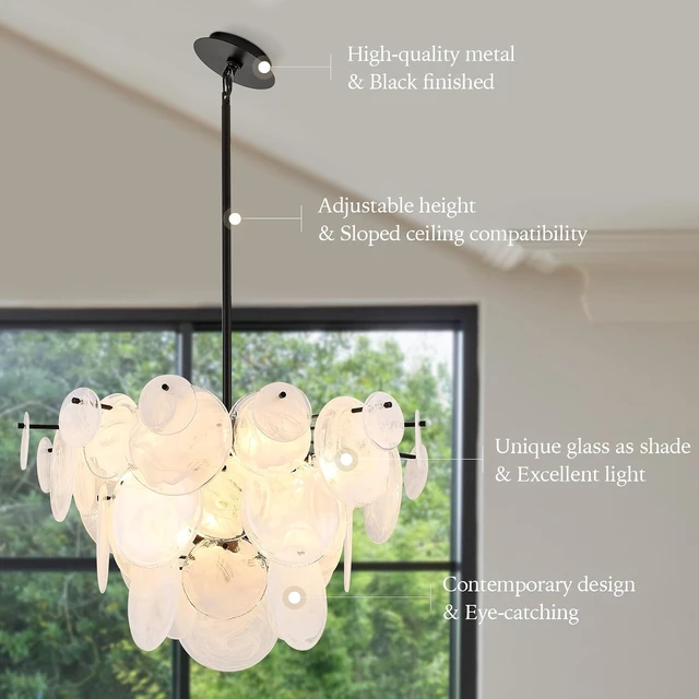 Alt view image 4 of 7 - Dia 28 Inch, Modern Glass Chandeliers for Bedroom, Black Dining Room Light Fixture, Large Vintage Pendant Chandelier for Living Room Entryway Foyer