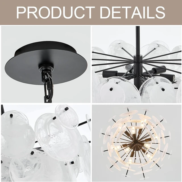 Alt view image 6 of 7 - Dia 28 Inch, Modern Glass Chandeliers for Bedroom, Black Dining Room Light Fixture, Large Vintage Pendant Chandelier for Living Room Entryway Foyer