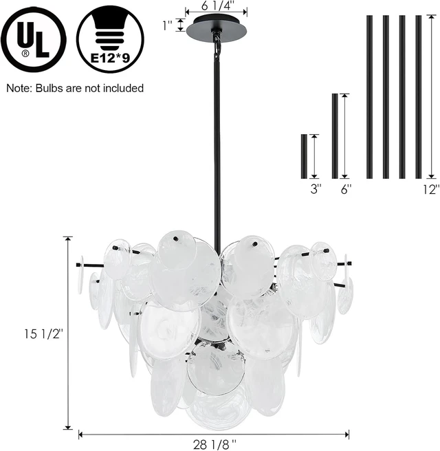 Alt view image 7 of 7 - Dia 28 Inch, Modern Glass Chandeliers for Bedroom, Black Dining Room Light Fixture, Large Vintage Pendant Chandelier for Living Room Entryway Foyer