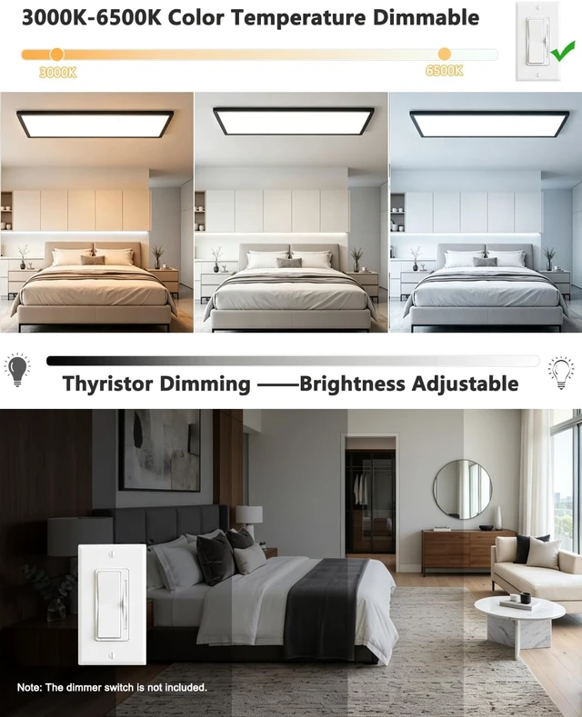 Alt view image 2 of 7 - 1Pack Black 23.6In Flush Mount Ceiling Light, 24W 3800lm Thyristor (TRIAC) Dimmable Rectangle LED Ceiling Light,3-CCT 3000-6500K with Memory Funcation,IP54 for Kitchen/Bathroom/Hallway/Office