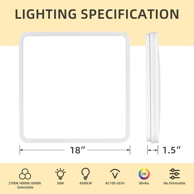 Alt view image 5 of 7 - 18 Inch LED Flush Mount Ceiling Light, White Ceiling Light Fixture with Side Light, 50W,4500LM, 2700K/4000K/6000K CCT Selectable, Square Lamp for Bathroom, Closet, Kitchen, Hallway, Bathroom