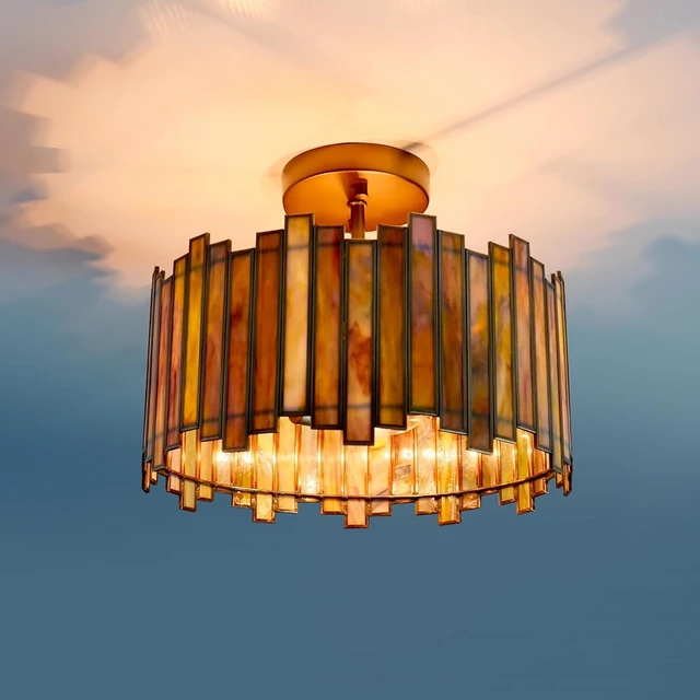 Alt view image 2 of 7 - Antique Brass Ceiling Light Fixture in Drum Shape, 12.5 Semi Flush Mount Stained Tiffany Lamp with Mable Green Glass, 3 Light Round Ceiling Hanging Lighting for Foyer Hallway Bedroom Kitchen