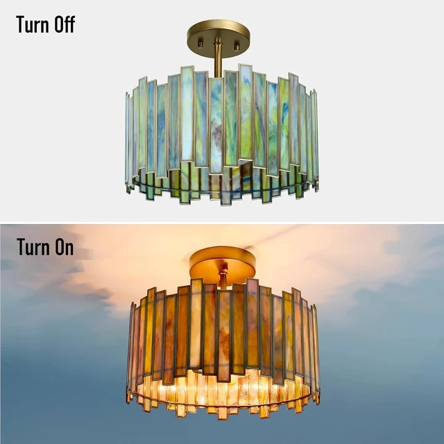 Alt view image 4 of 7 - Antique Brass Ceiling Light Fixture in Drum Shape, 12.5 Semi Flush Mount Stained Tiffany Lamp with Mable Green Glass, 3 Light Round Ceiling Hanging Lighting for Foyer Hallway Bedroom Kitchen