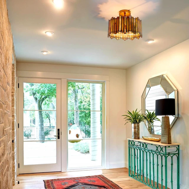 Alt view image 7 of 7 - Antique Brass Ceiling Light Fixture in Drum Shape, 12.5 Semi Flush Mount Stained Tiffany Lamp with Mable Green Glass, 3 Light Round Ceiling Hanging Lighting for Foyer Hallway Bedroom Kitchen