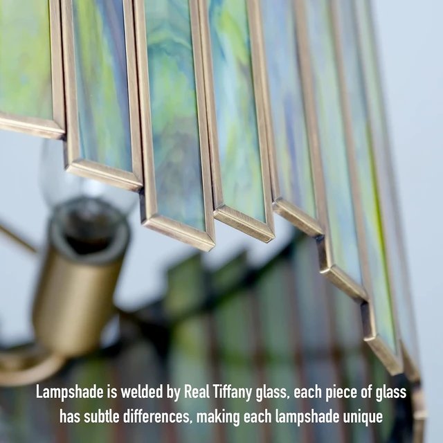 Alt view image 5 of 7 - Antique Brass Ceiling Light Fixture in Drum Shape, 12.5 Semi Flush Mount Stained Tiffany Lamp with Mable Green Glass, 3 Light Round Ceiling Hanging Lighting for Foyer Hallway Bedroom Kitchen