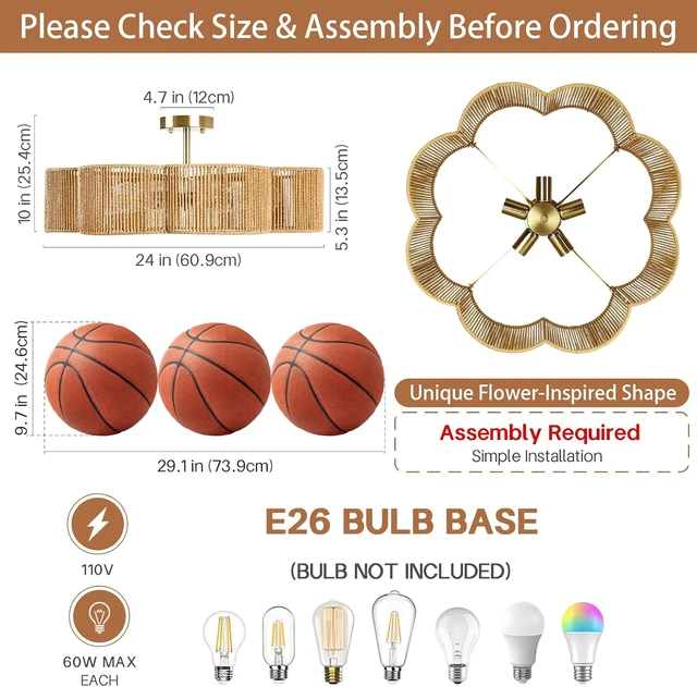 Alt view image 3 of 7 - 24Boho Rattan Ceiling Light Fixture, Hand-Woven Wicker Flush Mount Chandelier with Gold Base, Rustic Coastal Semi Flush Lighting for Bedroom, Dining Room, Kitchen, Hallway, Foyer, Living Room