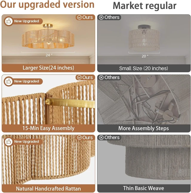 Alt view image 2 of 7 - 24Boho Rattan Ceiling Light Fixture, Hand-Woven Wicker Flush Mount Chandelier with Gold Base, Rustic Coastal Semi Flush Lighting for Bedroom, Dining Room, Kitchen, Hallway, Foyer, Living Room