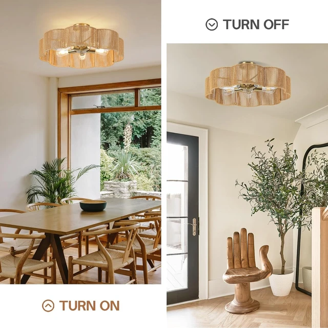 Alt view image 4 of 7 - 24Boho Rattan Ceiling Light Fixture, Hand-Woven Wicker Flush Mount Chandelier with Gold Base, Rustic Coastal Semi Flush Lighting for Bedroom, Dining Room, Kitchen, Hallway, Foyer, Living Room