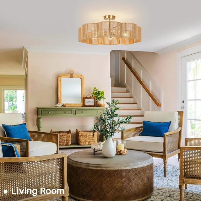 Alt view image 5 of 7 - 24Boho Rattan Ceiling Light Fixture, Hand-Woven Wicker Flush Mount Chandelier with Gold Base, Rustic Coastal Semi Flush Lighting for Bedroom, Dining Room, Kitchen, Hallway, Foyer, Living Room