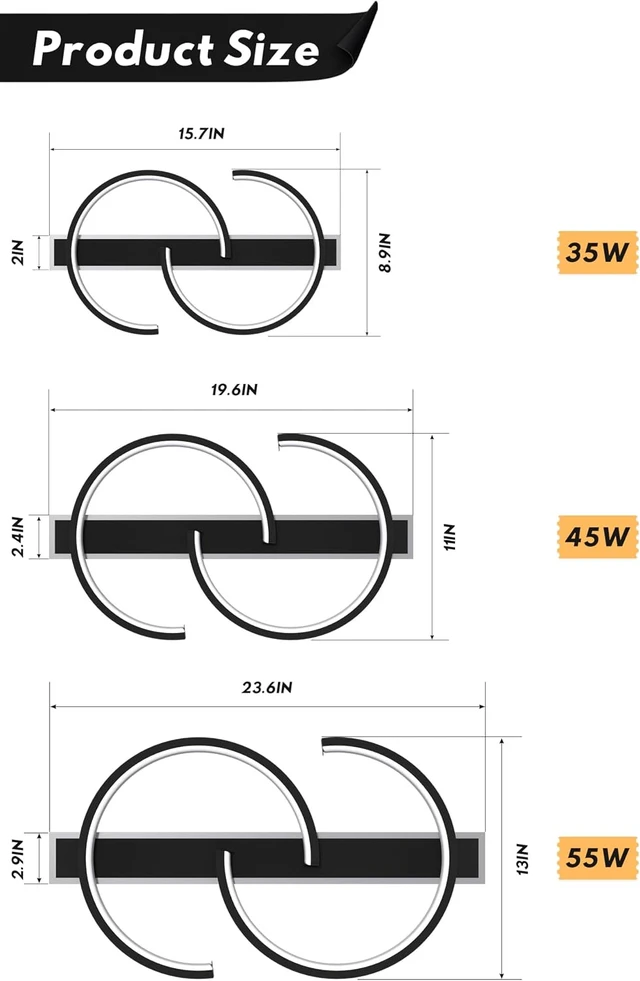 Alt view image 7 of 7 - 19.7" LED Ceiling Light, 2 Rings Design Flush Mount Ceiling Light with Remote Control, 45W Matte Black Dimmable 3000-6000K, Modern Light fixtures Ceiling for Bedroom Living Room Dining Room