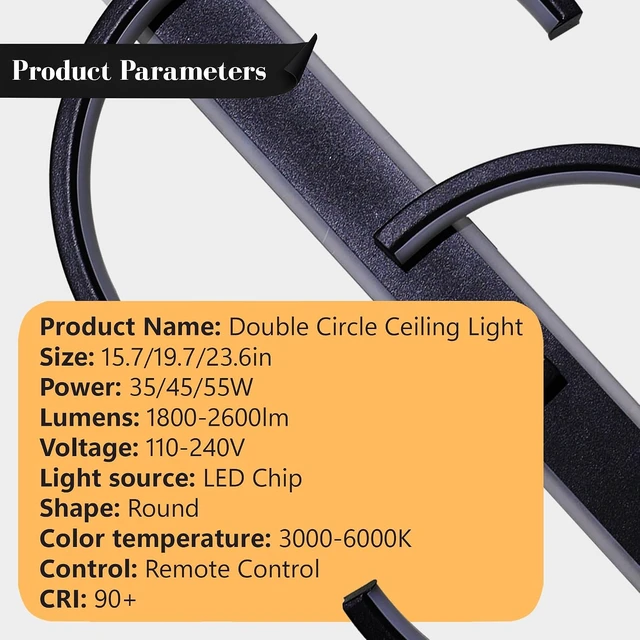 Alt view image 6 of 7 - 19.7" LED Ceiling Light, 2 Rings Design Flush Mount Ceiling Light with Remote Control, 45W Matte Black Dimmable 3000-6000K, Modern Light fixtures Ceiling for Bedroom Living Room Dining Room