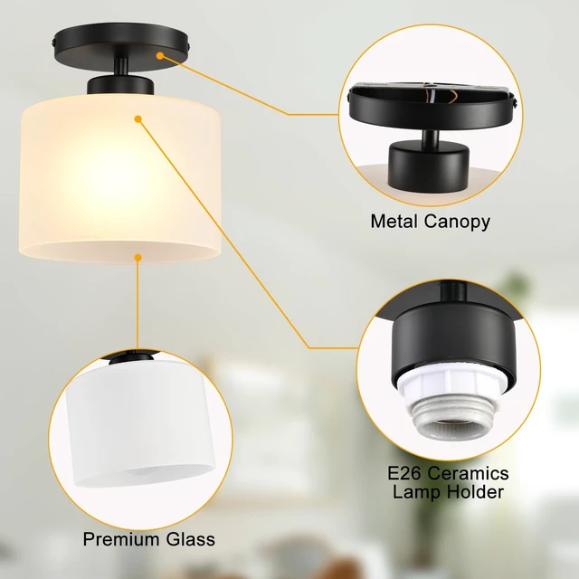 Alt view image 7 of 7 - Semi Flush Mount Ceiling Light, Modern Kitchen Lighting Fixtures Ceiling, Rustic Ceiling Light Fixtures, Ceiling Lights with Glass Shade for Hallway Foyer Entryway Bedroom