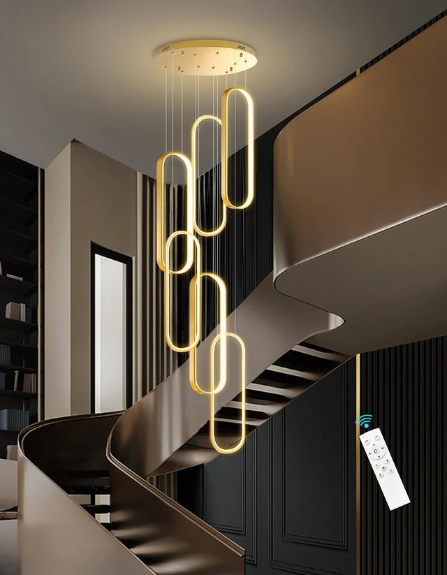 Main image of 6 Rings Modern Chandelier LED Dimmable Flush Mount Ceiling Light for Foyer Living Room Staircaes Gold