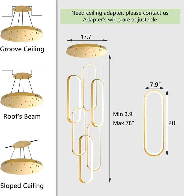 Alt view image 3 of 7 - 6 Rings Modern Chandelier LED Dimmable Flush Mount Ceiling Light for Foyer Living Room Staircaes Gold
