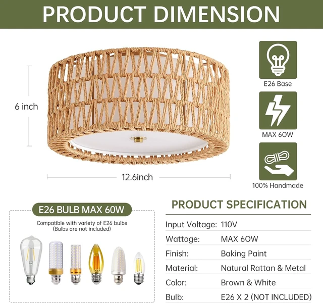 Alt view image 2 of 7 - Rattan Ceiling Light 12.6" Boho Ceiling Light Fixture Bohemian